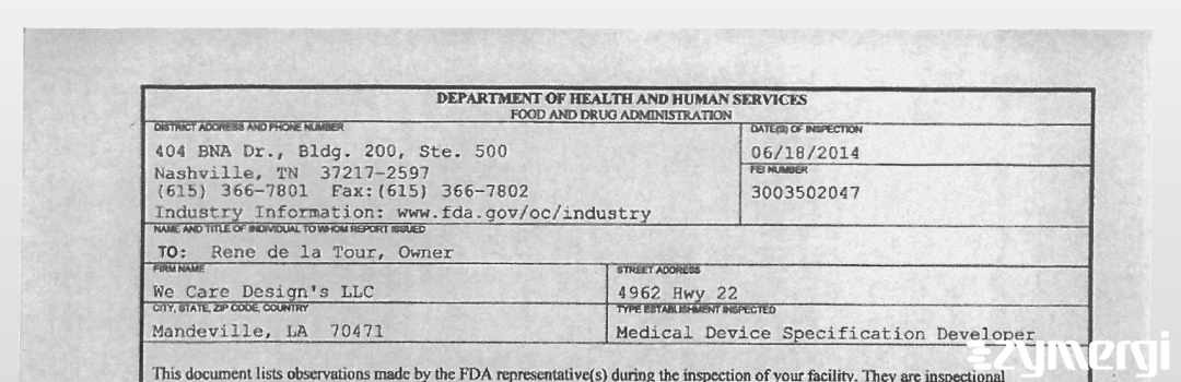 FDANews 483 We Care Designs LLC Jun 18 2014 top