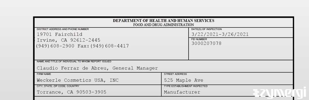 FDANews 483 Weckerle Cosmetics USA, INC Mar 26 2021 top