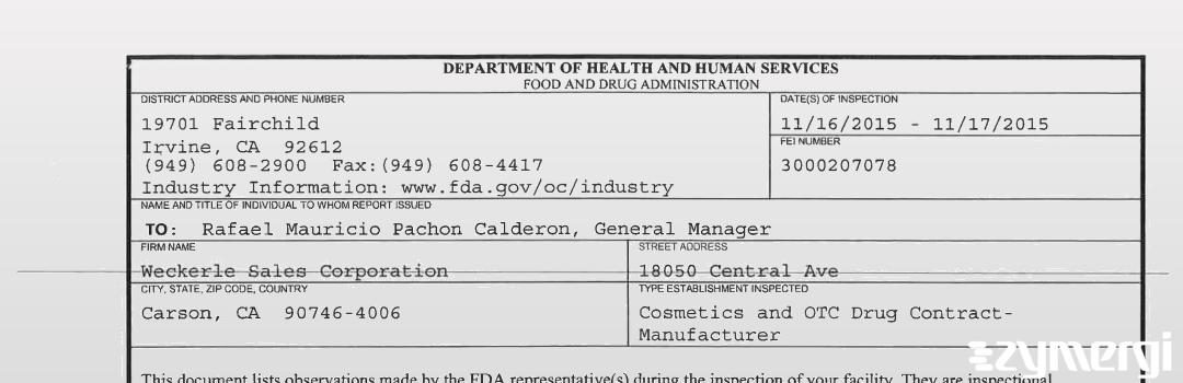 FDANews 483 Weckerle Sales Corporation Nov 17 2015 top