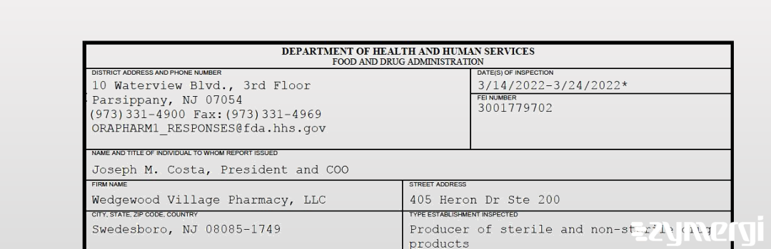 FDANews 483 Wedgewood Village Pharmacy, LLC Mar 24 2022 top
