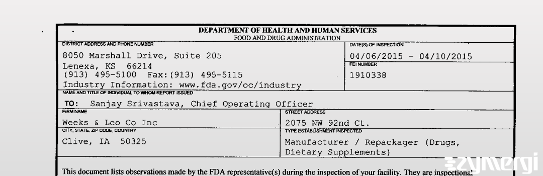 FDANews 483 Weeks & Leo Co Inc Apr 10 2015 top