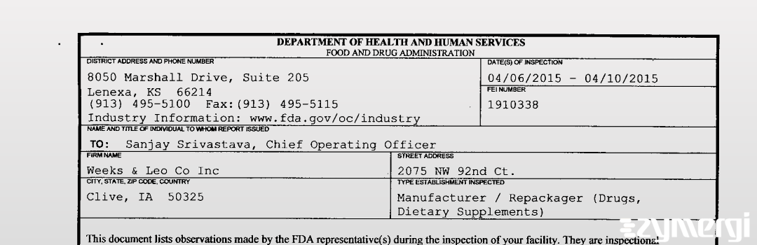 FDANews 483 Weeks & Leo Co Inc Apr 10 2015 top