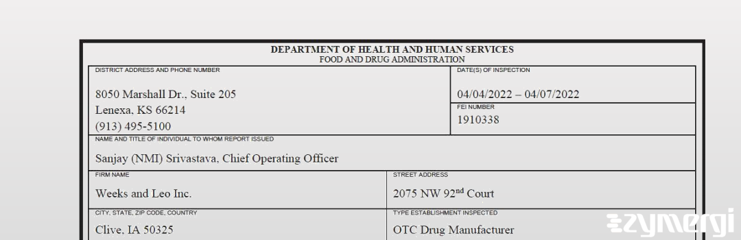 FDANews 483 Weeks & Leo Co Inc Apr 7 2022 top