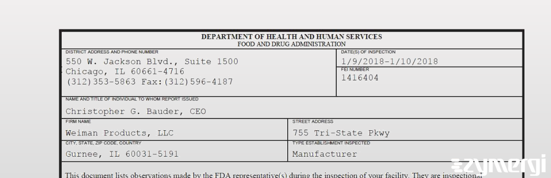 FDANews 483 Weiman Products, LLC Jan 10 2018 top