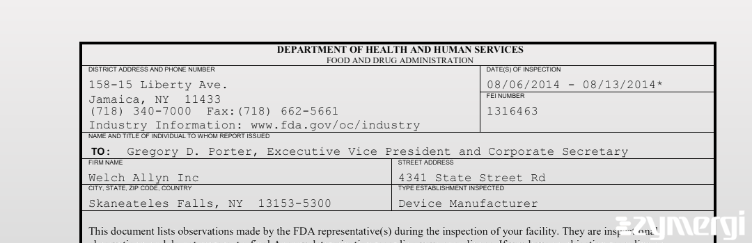 FDANews 483 Welch Allyn Inc Aug 13 2014 top