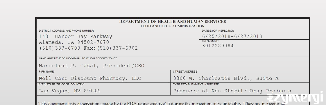 FDANews 483 Well Care Discount Pharmacy, LLC Jun 27 2018 top