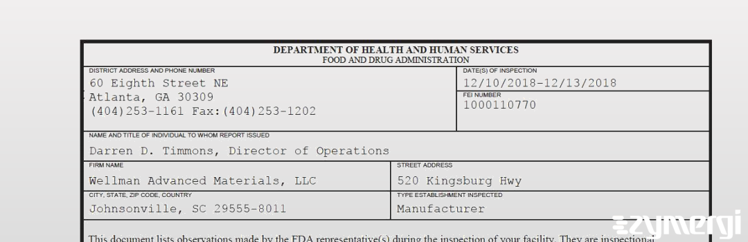 FDANews 483 Wellman Advanced Materials, LLC Dec 13 2018 top