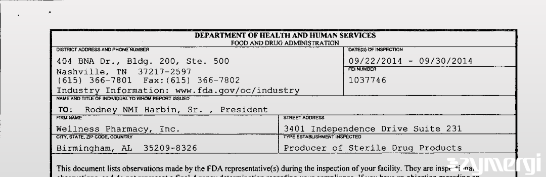 FDANews 483 Wellness Pharmacy, Inc. Sep 30 2014 top