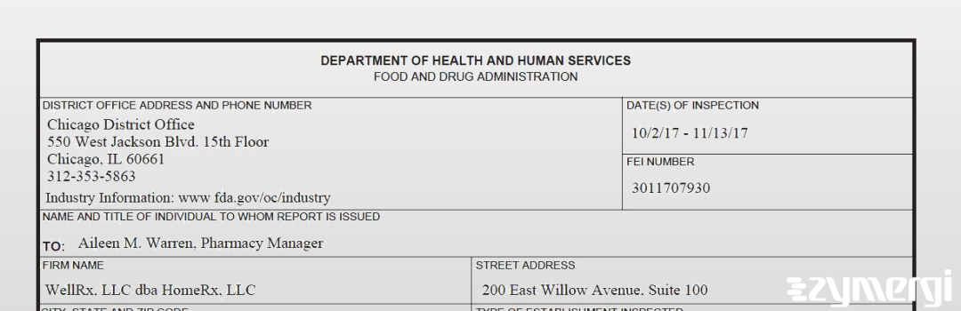 FDANews 483 WellRx LLC dba HomeRx LLC Nov 13 2017 top