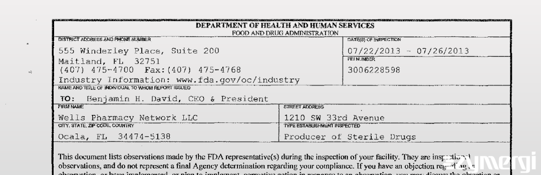 FDANews 483 Wells Pharmacy Network LLC Jul 26 2013 top