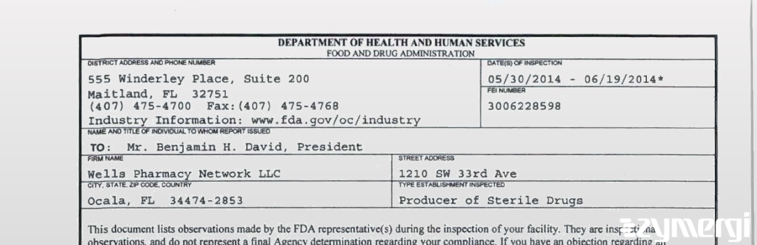 FDAzilla 483 Wells Pharmacy Network LLC Jun 19 2014 top