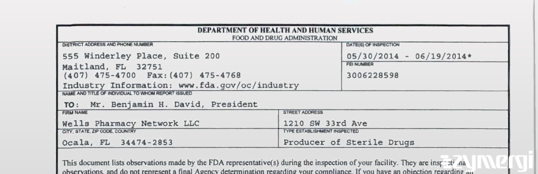 FDANews 483 Wells Pharmacy Network LLC Jun 19 2014 top
