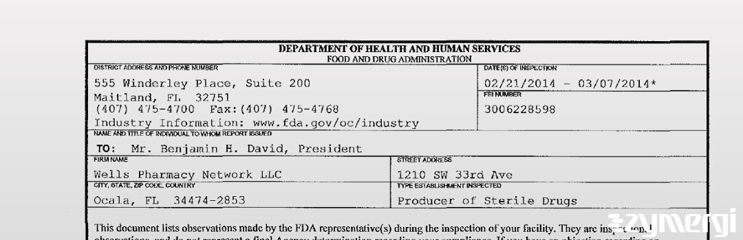 FDANews 483 Wells Pharmacy Network LLC Mar 7 2014 top