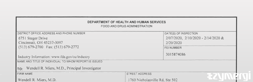 FDANews 483 Wendell R. Miers, M.D. Feb 20 2020 top