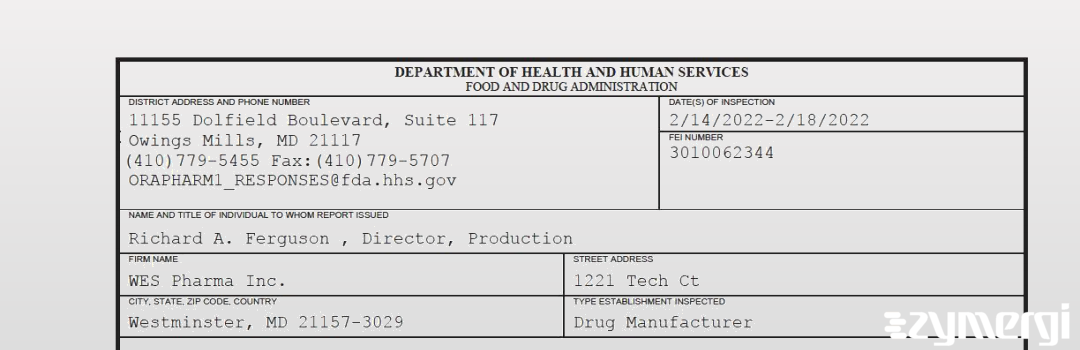 FDANews 483 WES Pharma Inc. Feb 18 2022 top