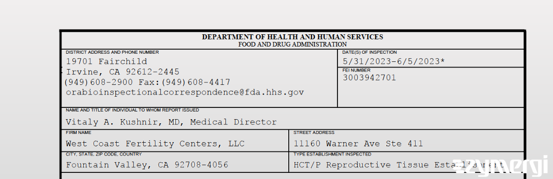 FDANews 483 West Coast Fertility Centers, LLC Jun 5 2023 top