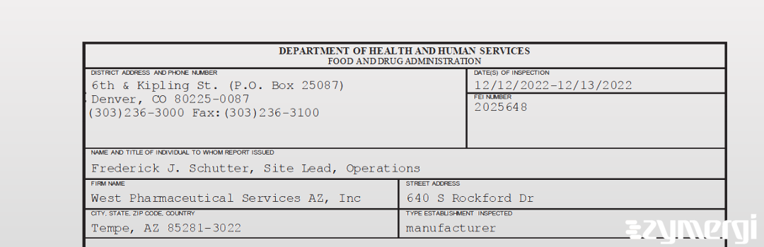 FDANews 483 West Pharmaceutical Services AZ, Inc Dec 13 2022 top