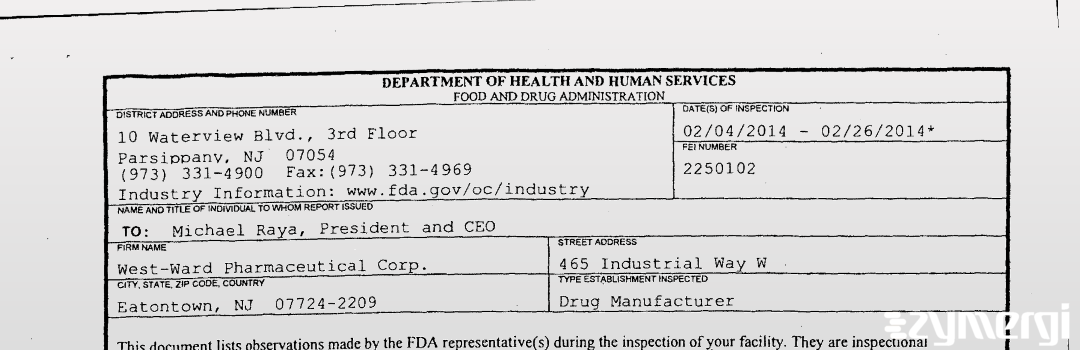 FDANews 483 West-Ward Pharmaceutical Corp. Feb 26 2014 top