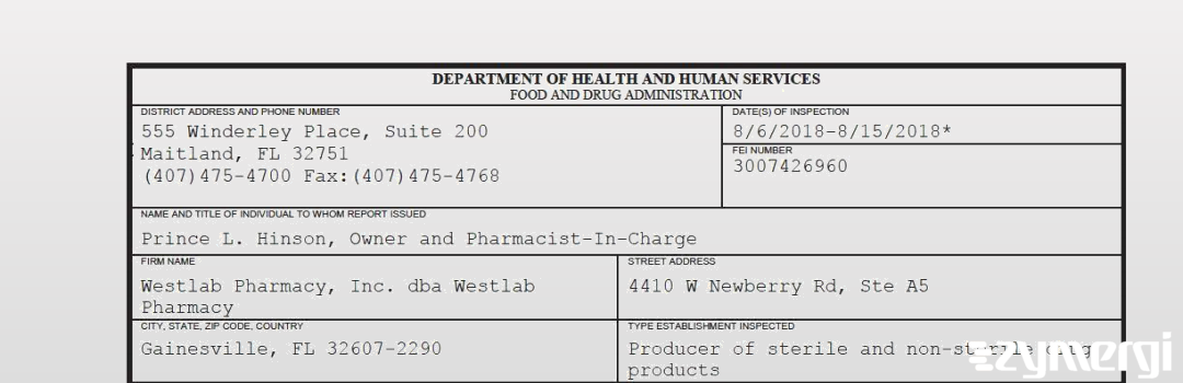 FDANews 483 Westlab Pharmacy, Inc. dba Westlab Pharmacy Aug 15 2018 top