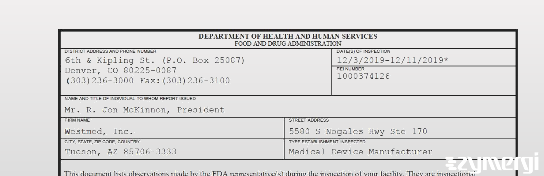 FDANews 483 Westmed, Inc. Dec 11 2019 top