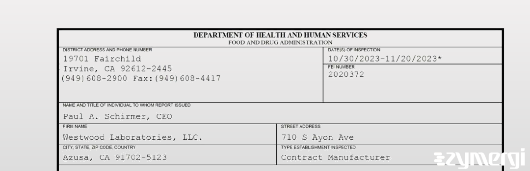 FDANews 483 Westwood Laboratories, LLC. Nov 20 2023 top