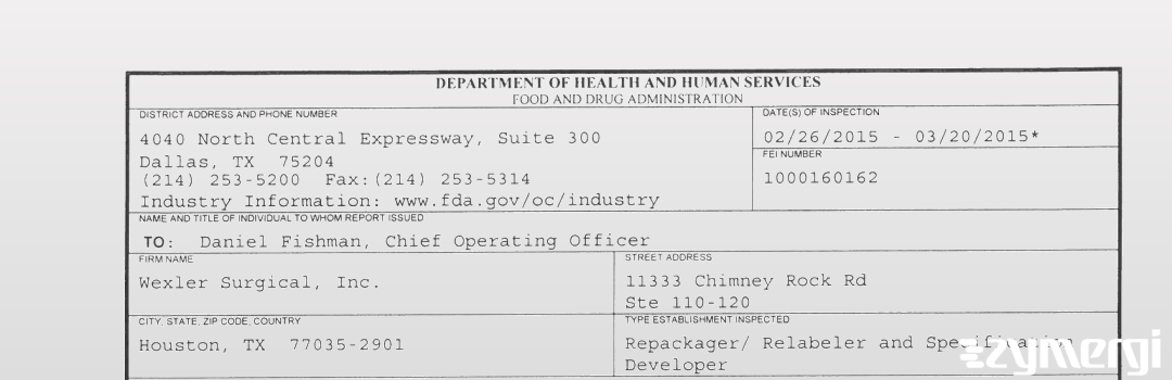 FDANews 483 Wexler Surgical, Inc. Mar 20 2015 top