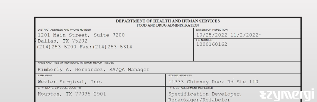 FDANews 483 Wexler Surgical, Inc. Nov 2 2022 top