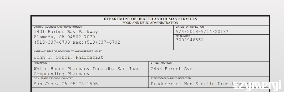 FDANews 483 White House Pharmacy Inc. dba San Jose Compounding Pharmacy Sep 14 2018 top