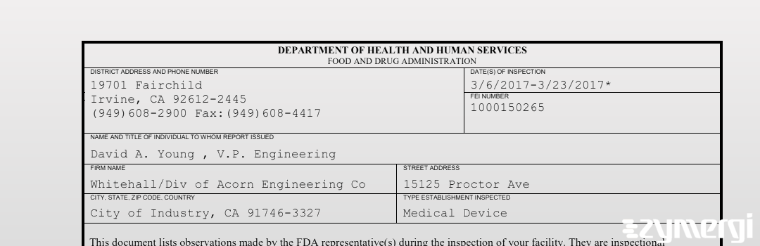 FDANews 483 Whitehall/Div of Acorn Engineering Co Mar 23 2017 top