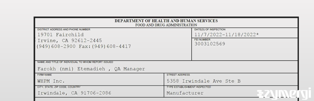 FDANews 483 WHPM Inc. Nov 18 2022 top