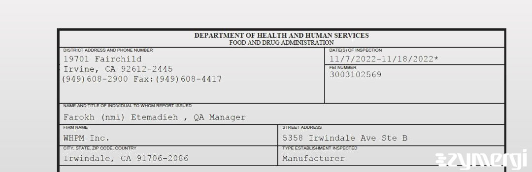 FDANews 483 WHPM Inc. Nov 18 2022 top