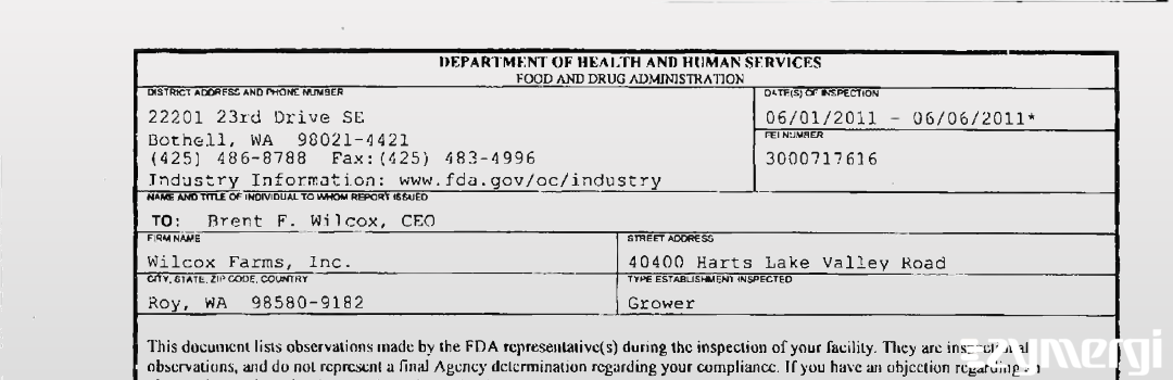 FDANews 483 Wilcox Farms Inc Jun 6 2011 top