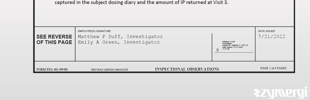 Emily A. Green FDA Investigator Matthew F. Duff FDA Investigator Emily A. Baldwin FDA Investigator 