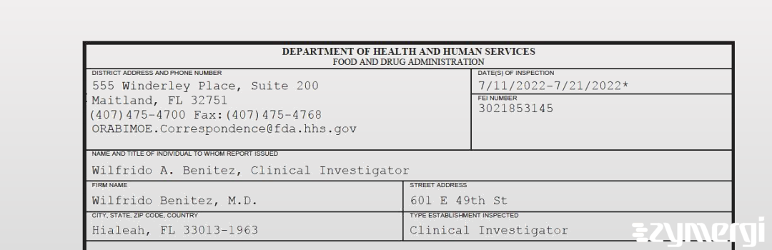 FDANews 483 Wilfrido Benitez, M.D. Jul 21 2022 top