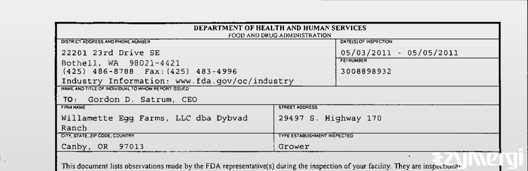 FDANews 483 Willamette Egg Farms, LLC dba Dybvad Ranch May 5 2011 top