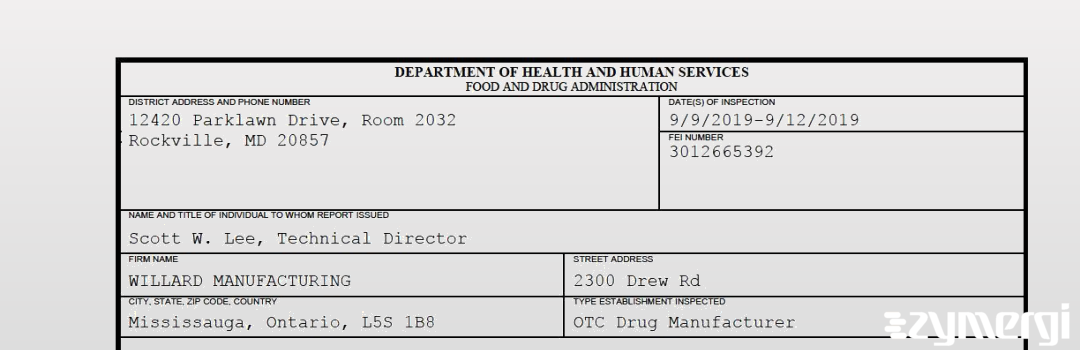 FDANews 483 Willard Manufacturing Inc Sep 12 2019 top