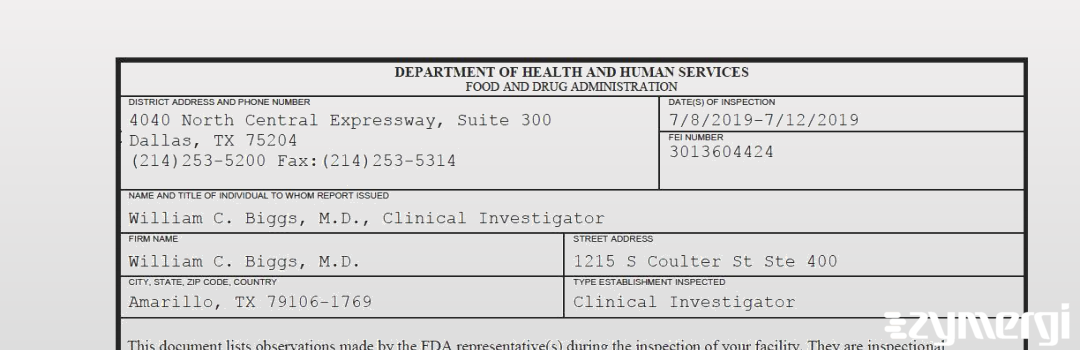 FDANews 483 William C. Biggs, M.D. Jul 12 2019 top