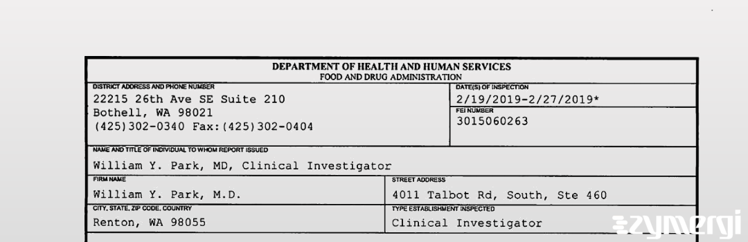 FDANews 483 William Y. Park, M.D. Feb 27 2019 top