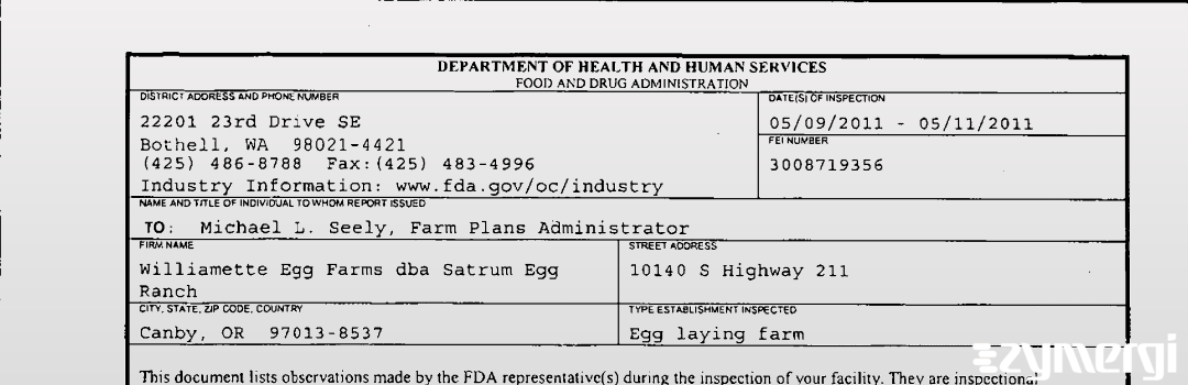 FDANews 483 Williamette Egg Farms dba Satrum Egg Ranch May 11 2011 top