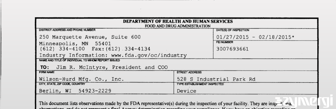 FDANews 483 Wilson-Hurd Mfg. Co., Inc. Feb 18 2015 top