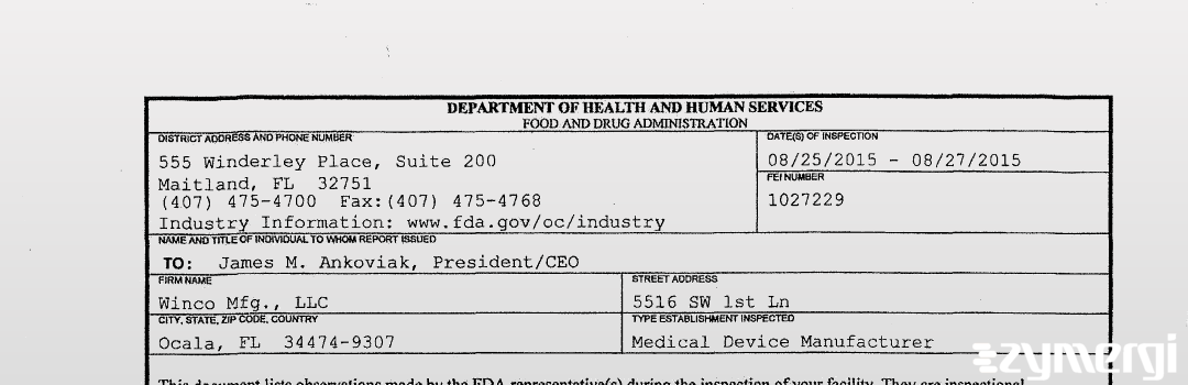 FDANews 483 Winco Mfg., LLC Aug 27 2015 top