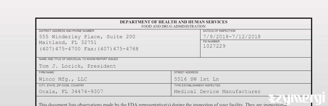 FDANews 483 Winco Mfg., LLC Jul 12 2018 top