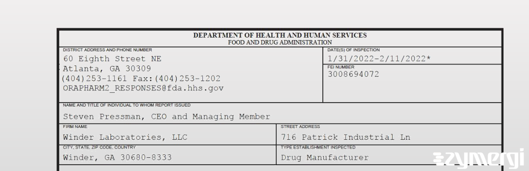 FDANews 483 Winder Laboratories, LLC Feb 11 2022 top