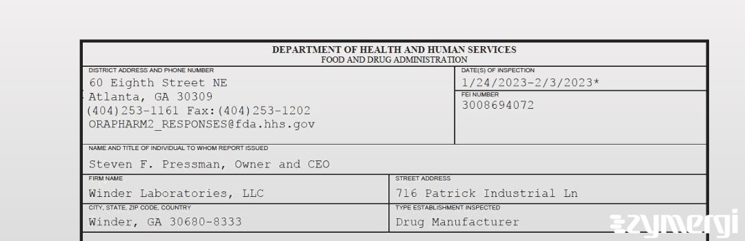 FDANews 483 Winder Laboratories, LLC Feb 3 2023 top