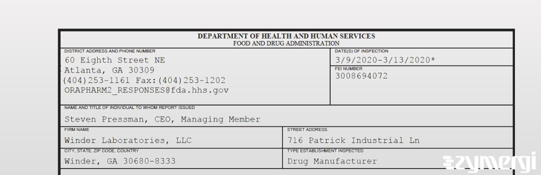 FDANews 483 Winder Laboratories, LLC Mar 13 2020 top