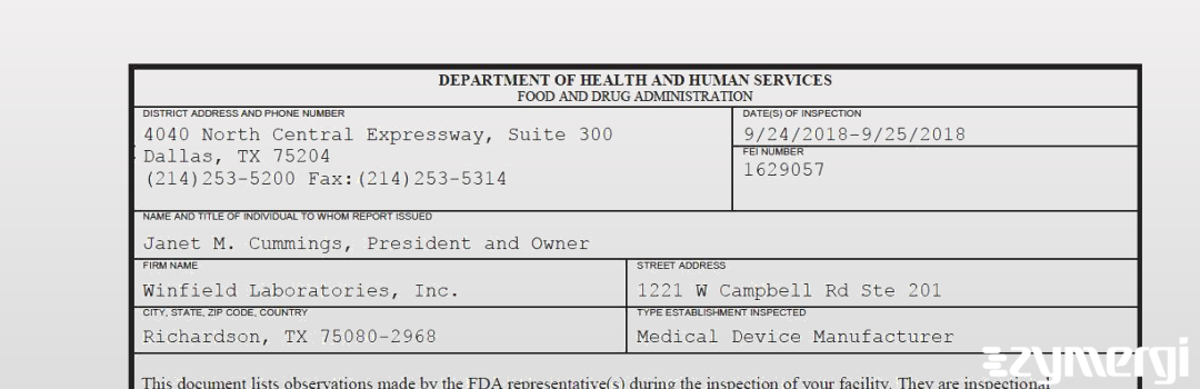 FDANews 483 Winfield Laboratories, Inc. Sep 25 2018 top