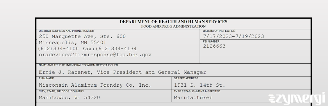 FDANews 483 Wisconsin Aluminum Foundry Co, Inc. Jul 19 2023 top