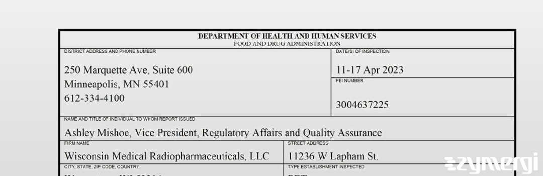 FDANews 483 Wisconsin Medical Radiopharmacy, LLC. Apr 17 2023 top