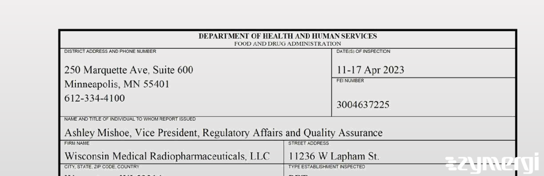 FDANews 483 Wisconsin Medical Radiopharmacy, LLC. Apr 17 2023 top