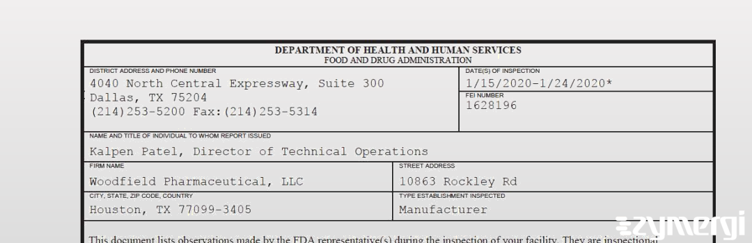 FDANews 483 Woodfield Pharmaceutical, LLC Jan 24 2020 top